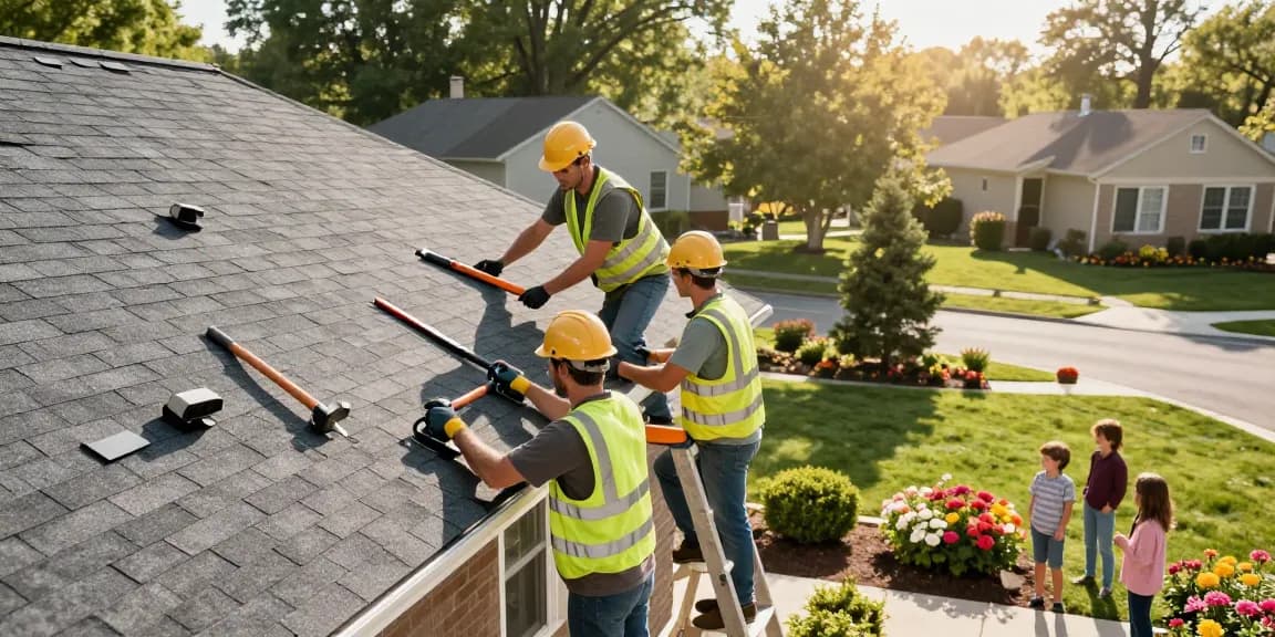 Roofing contractors installing shingles on a suburban home, showcasing quality workmanship and community.