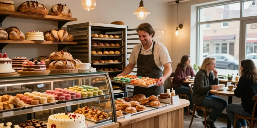 Delightful bakery Calgary with fresh pastries, artisan breads, and happy customers enjoying coffee.