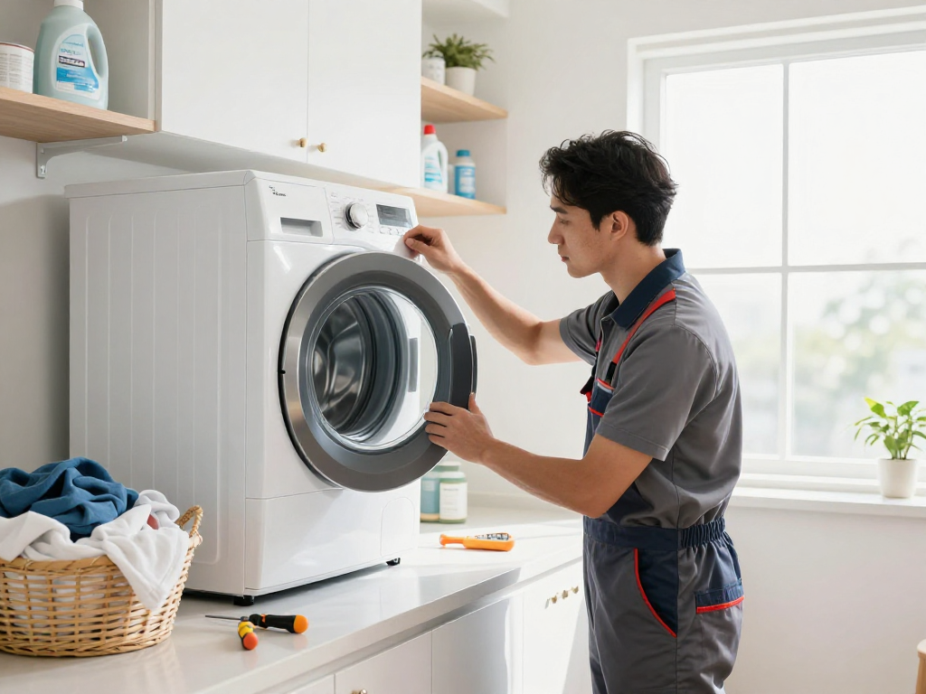 Dryer Experts assessing high-efficiency dryer performance in a bright laundry room.