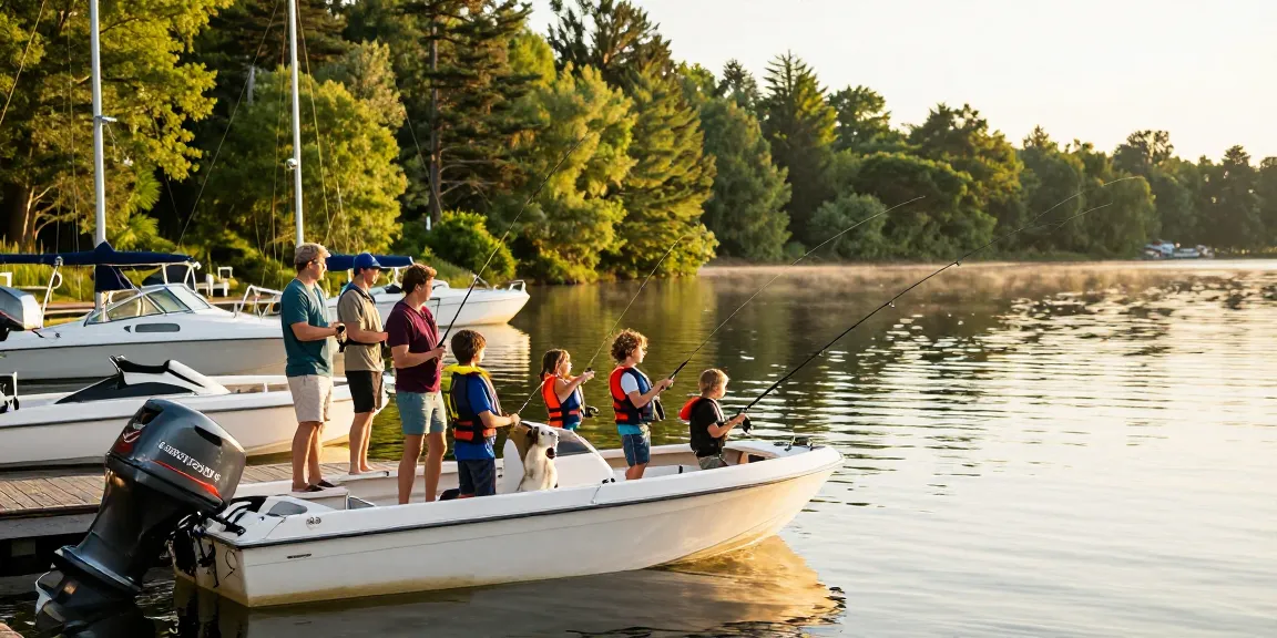 Family enjoying a day at the lake with a Yamaha dealer boat in scenic Kawagama Lake marina.