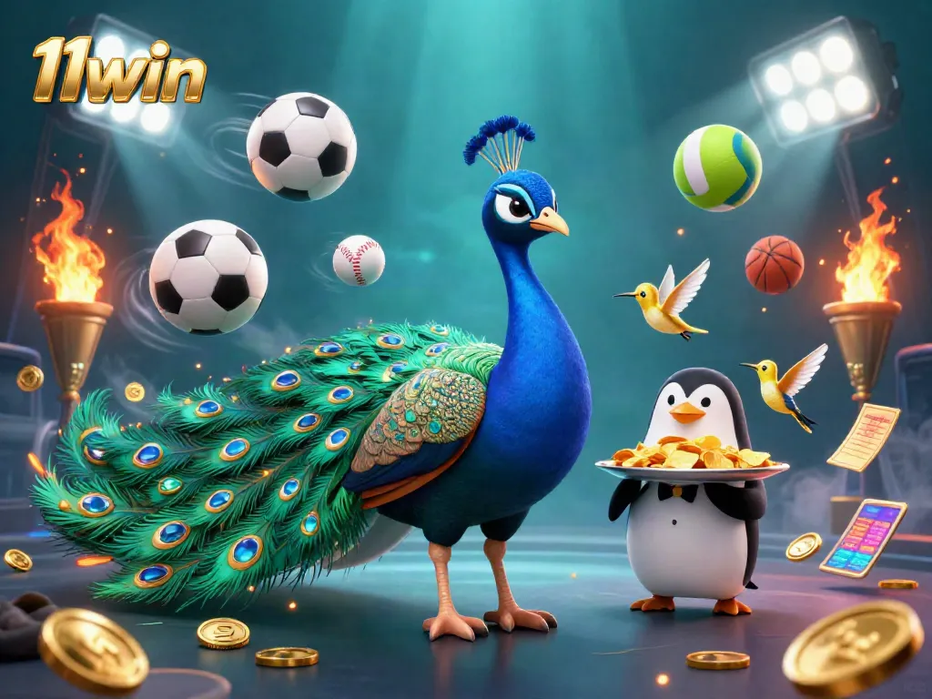 Experience winning at 11win with a vibrant casino scene featuring unique characters and dynamic sports elements.