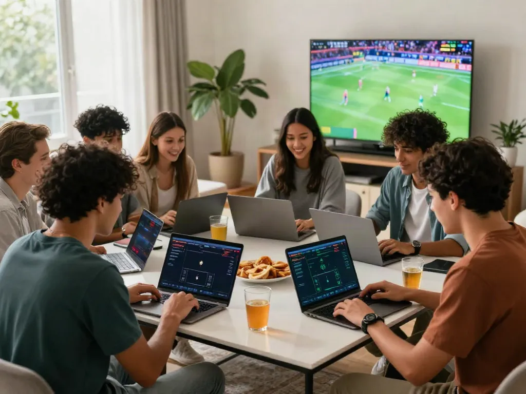Exciting Bitcoin sports betting scene in Canada with friends engaged in online betting during a sports game.