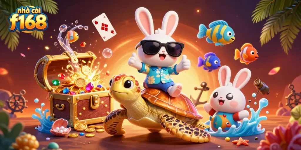 Engage with nhà cái f168 through an immersive 3D illustration featuring a lucky rabbit and golden turtle.