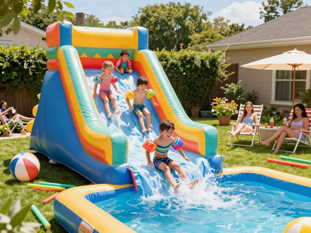 Children enjoying a water slide in a colorful inflatable water park setup, laughing and splashing in the sun.