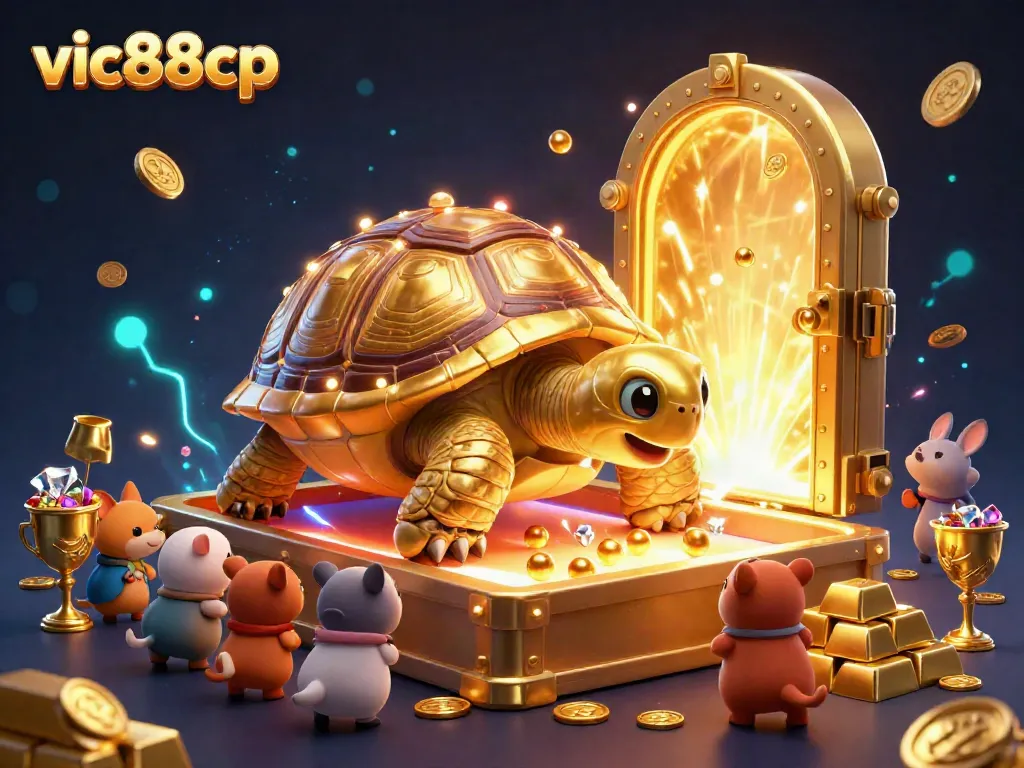 Play exciting games at vic88cp with a golden tortoise pinball machine, surrounded by treasures and eager players.