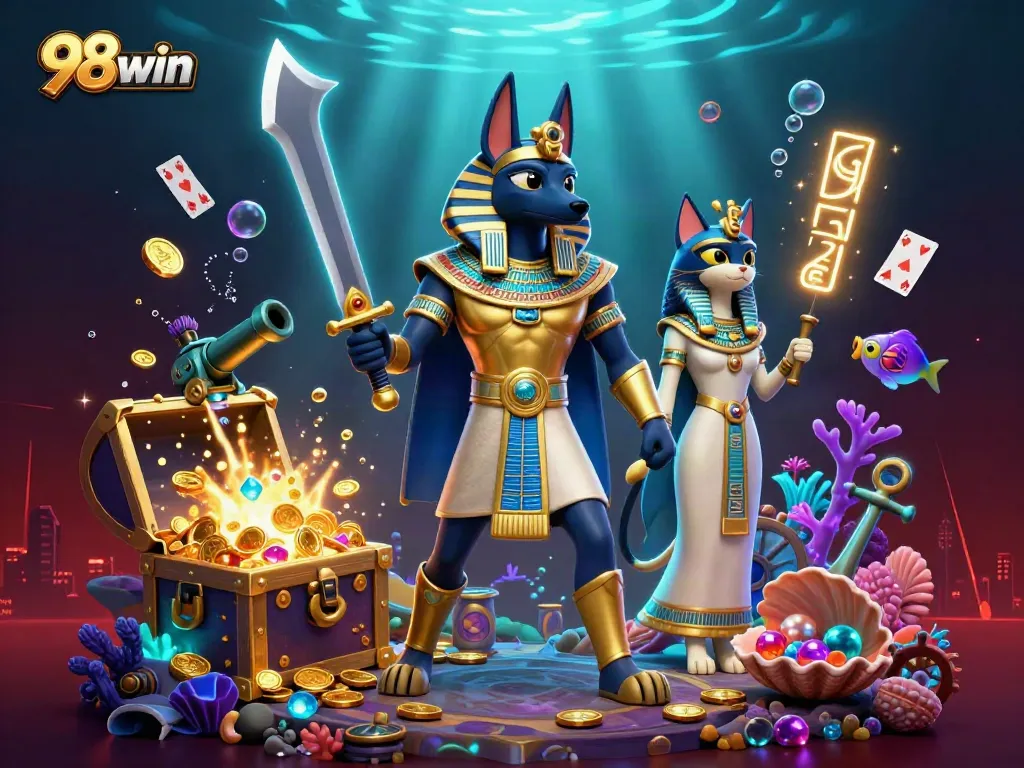 Engage with thrilling gameplay at 98win featuring Anubis and dynamic casino elements in vibrant detail.