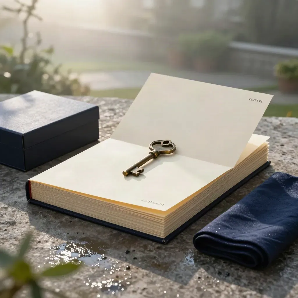 Rain-sheened trust dossier, bronze key and bond sleeves on pale stone in moody dawn light.