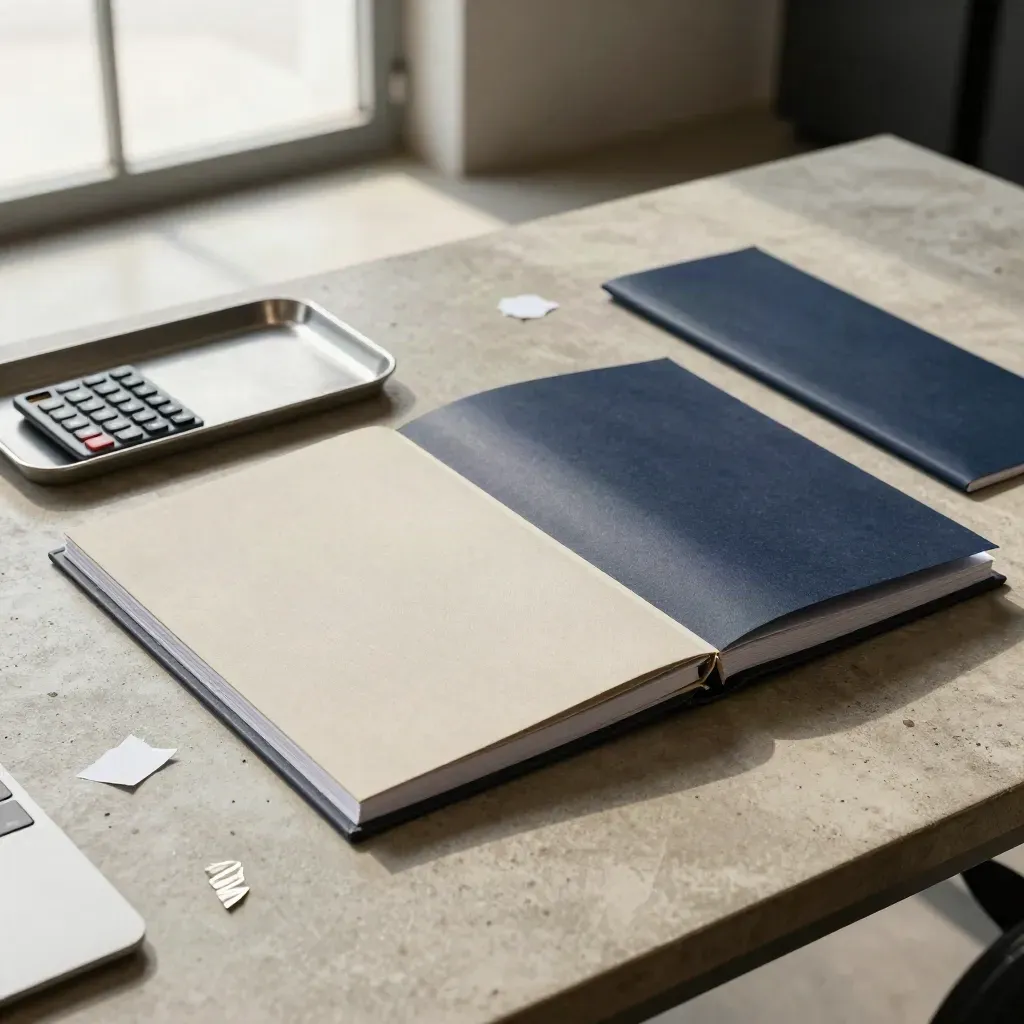 Industrial loft finance desk with binder, face-down calculator and lifted navy sleeve.