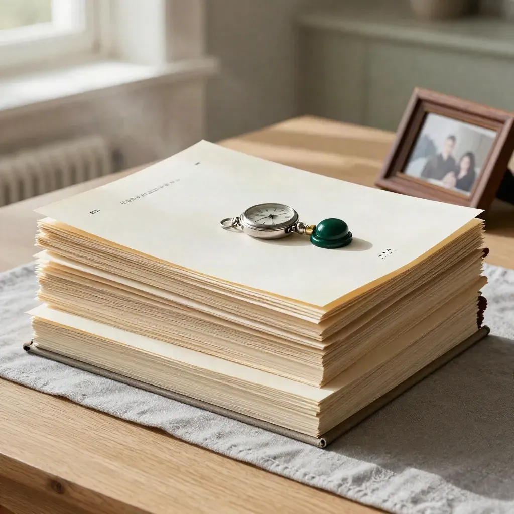 Estate file stacks, heirloom watch, wax seal, and turned-back frame on pale oak.
