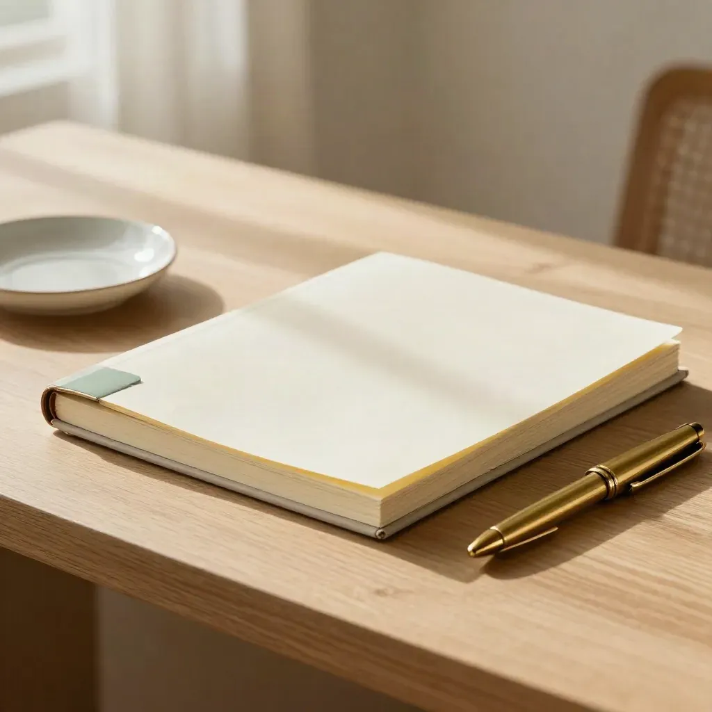 Closed cream notebook and brass pen beside file sleeves on a pale wood desk in warm window light.