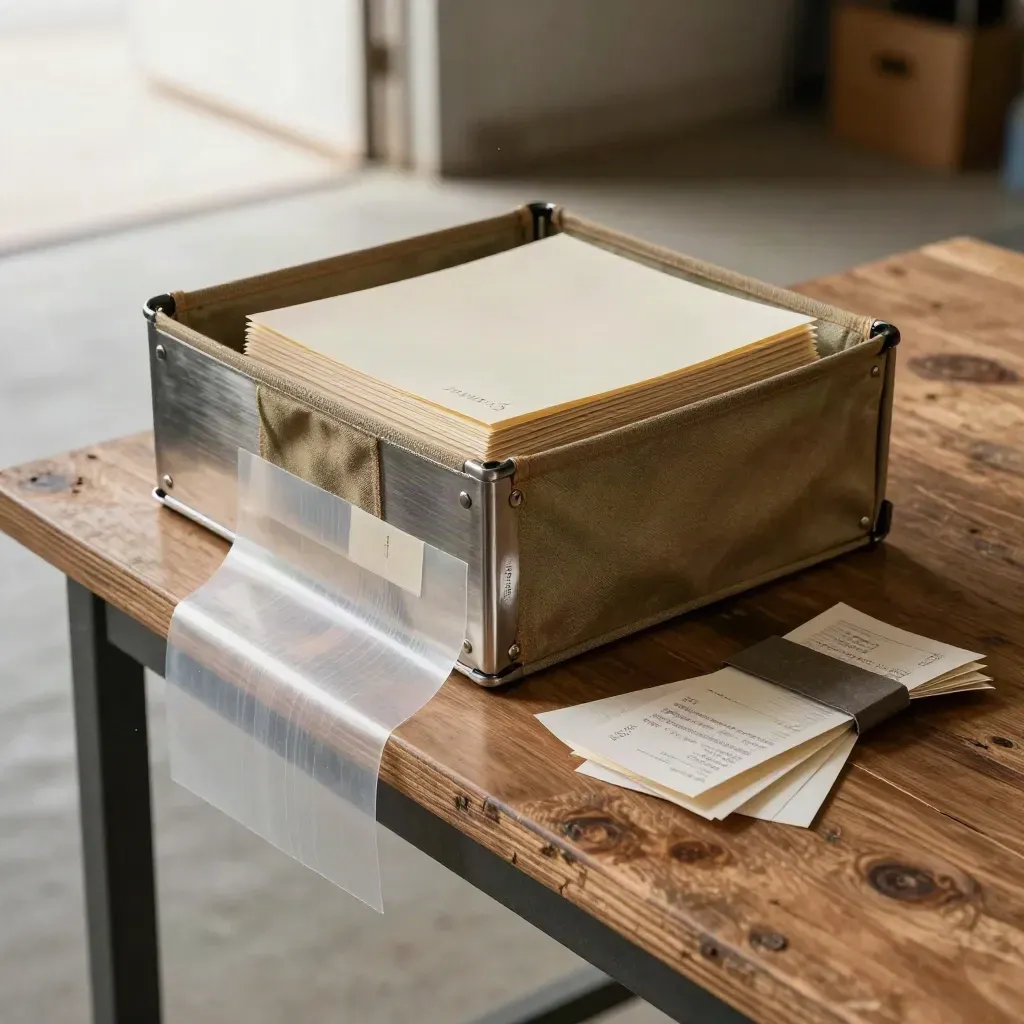 Reserve box, payroll sleeves, and repair slips packed on a dusty workbench in warehouse daylight.
