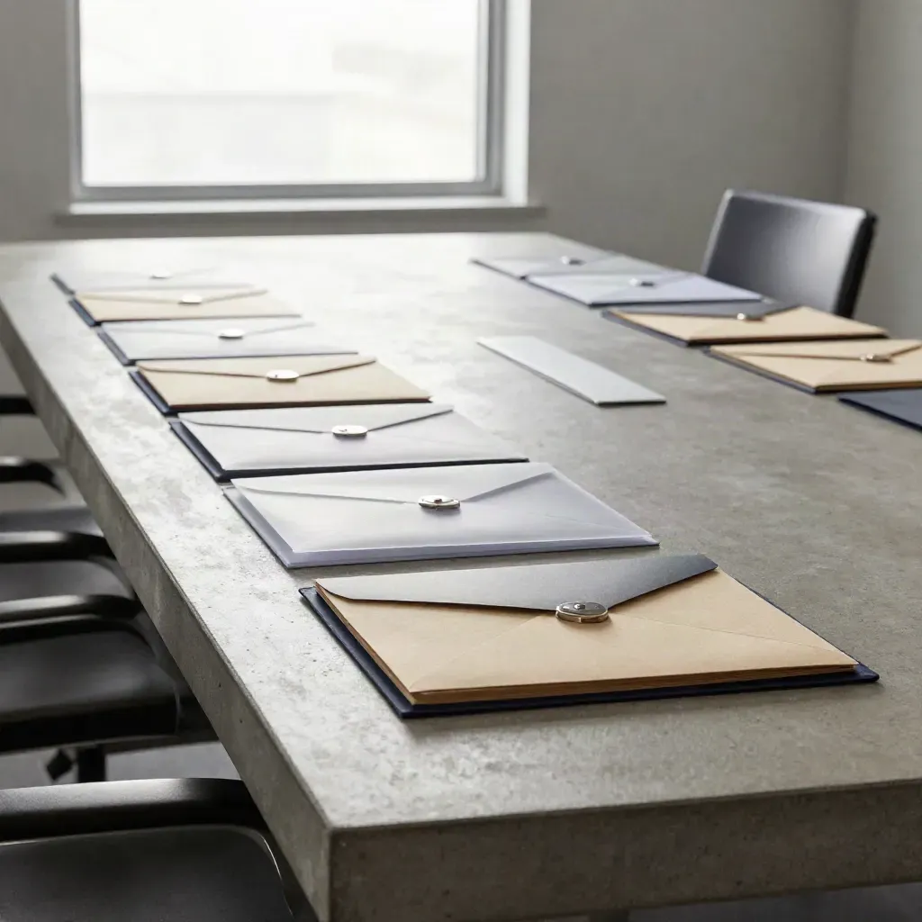 Bond sleeves receding across a concrete table toward a bright office window.
