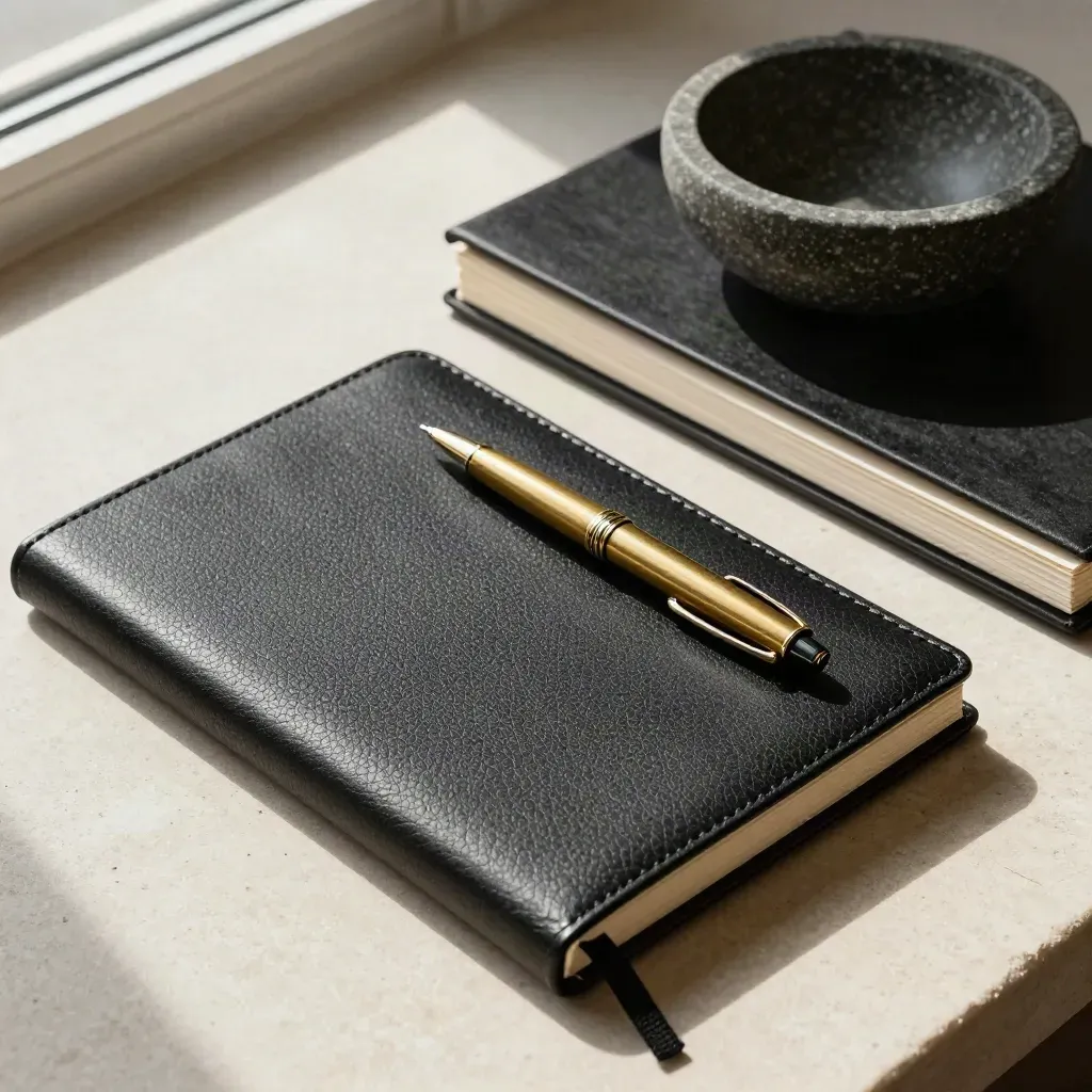 Overhead flatlay of a notebook, brass pen, secure folders and stone bowl on pale stone.