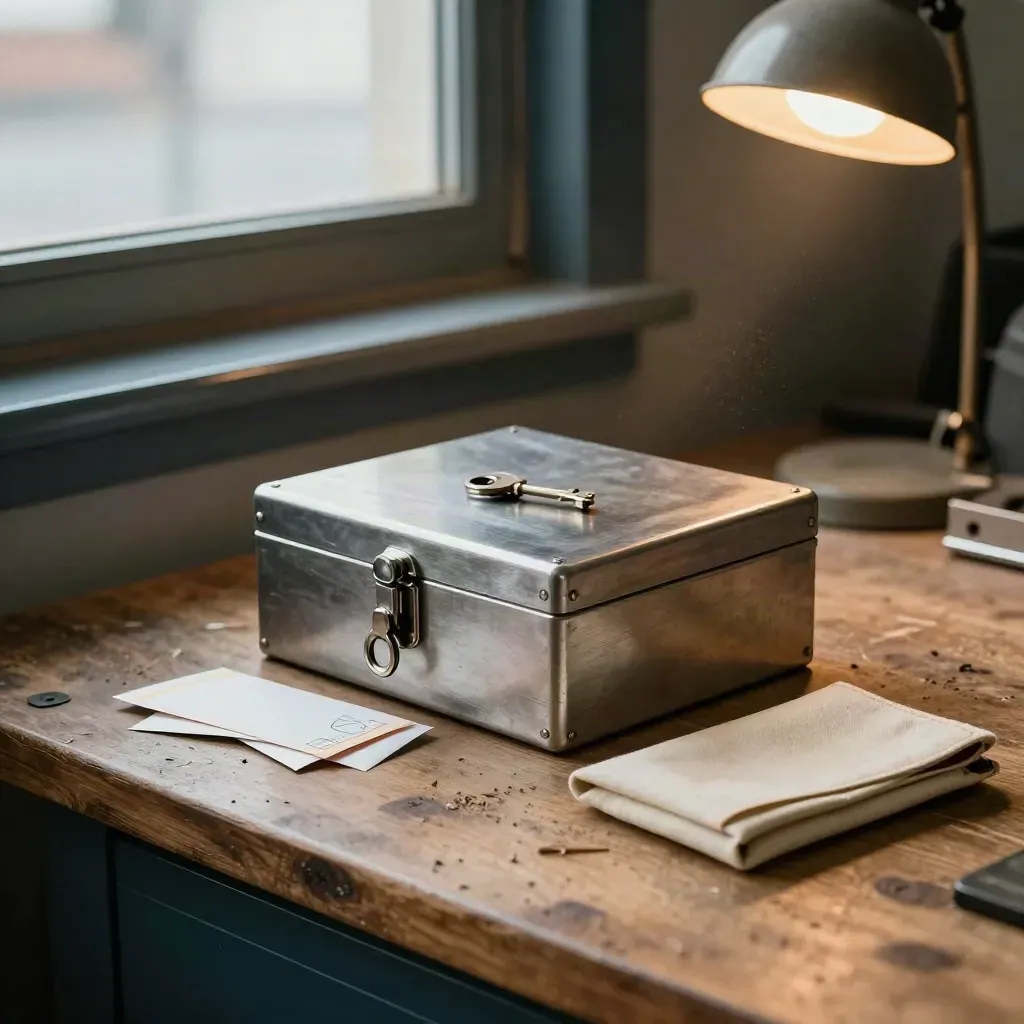 Reserve box, metal key, and sealed payment envelopes on a workshop bench in warm evening light