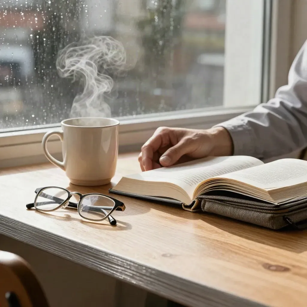 Bond sleeves, steaming mug, and folded glasses on a rainy window table