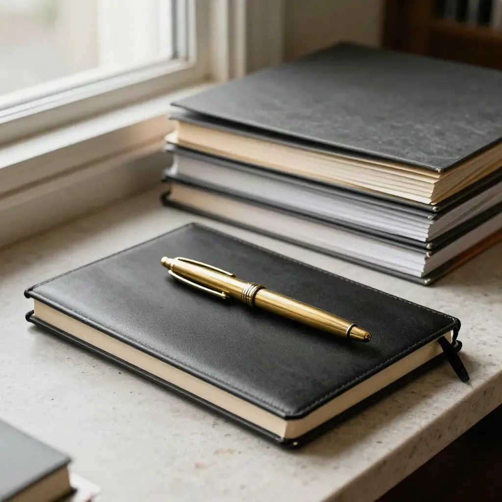 Black notebook, brass pen, and secure folders on pale stone in soft daylight