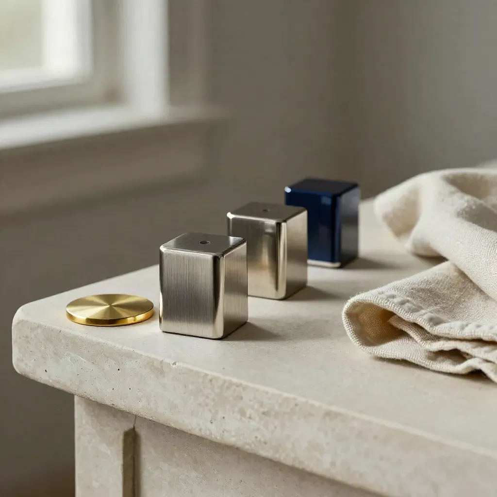 Metal paperweights, brass disc and folded cloth on a plaster shelf in soft side light.