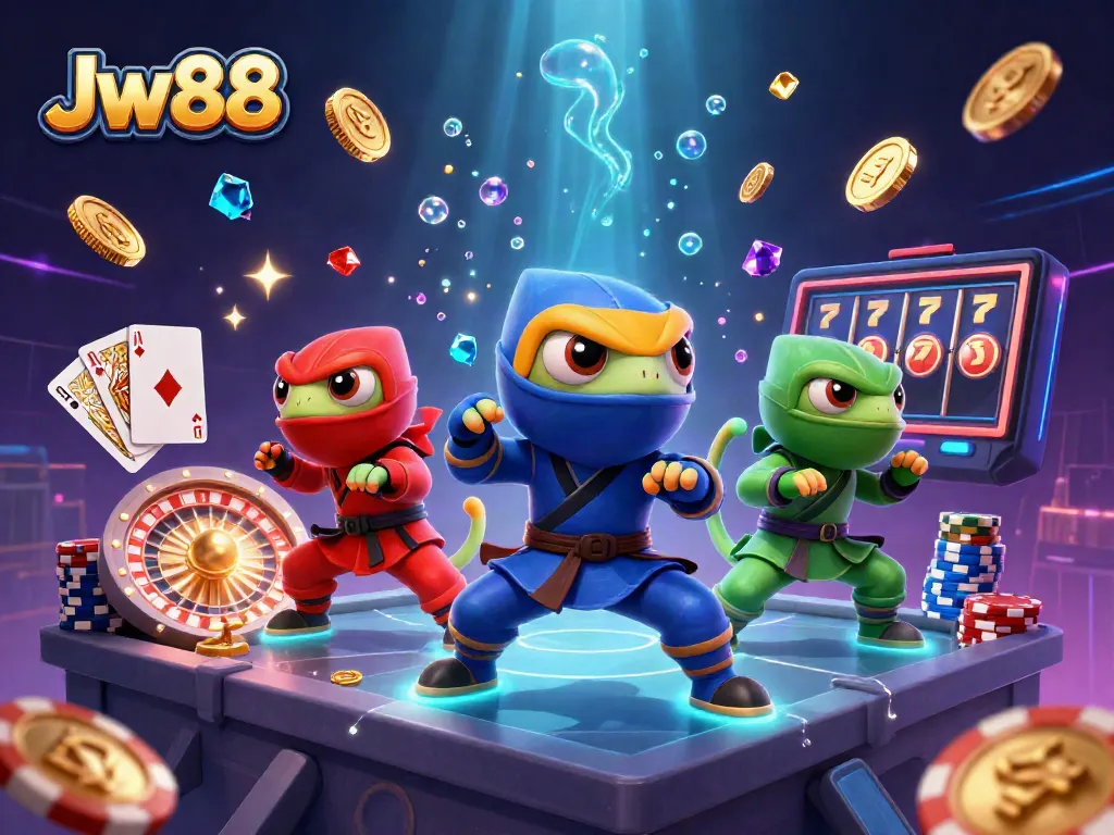 Experience the thrill of Jw88 with a vibrant 3D ninja chameleon scene engaged in dynamic casino action.