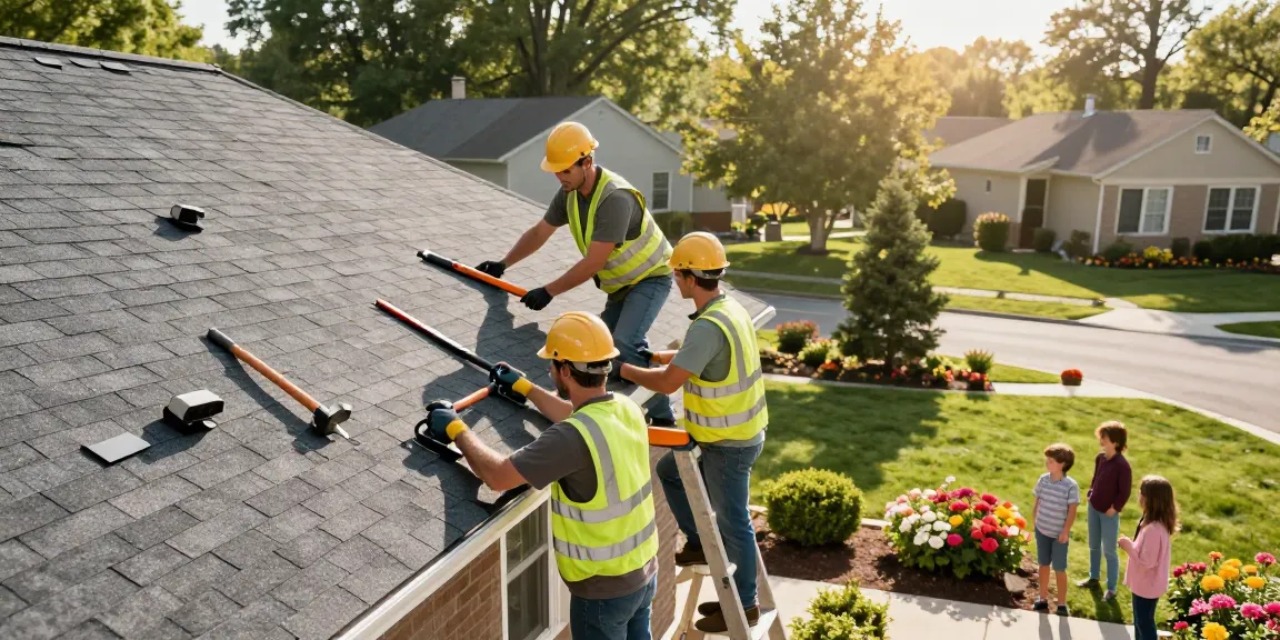 Roofing contractors installing shingles on a suburban home, showcasing quality workmanship and community.
