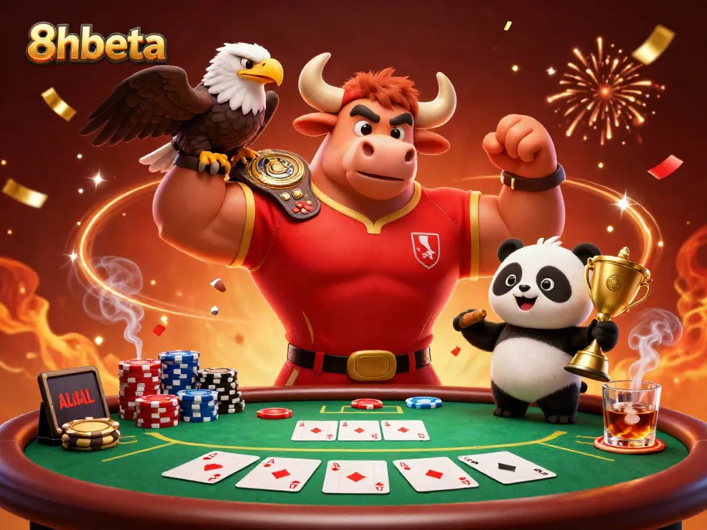 Experience the thrilling action of 8xbeta with characters celebrating at a dynamic casino scene filled with poker elements.