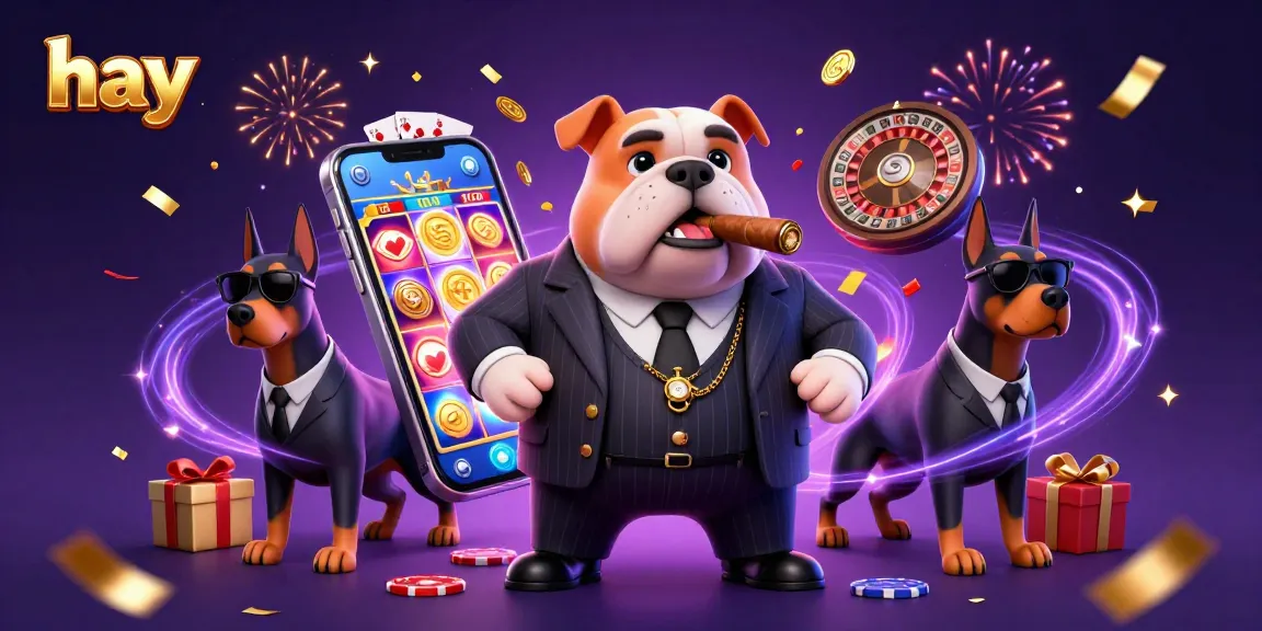 Engaging illustration of a mafia bulldog, showing hay-themed casino action and slot games.